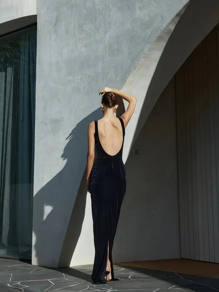 Minimalist Sheath/Column Boat Neck Sleeveless Floor-Length Prom Dress