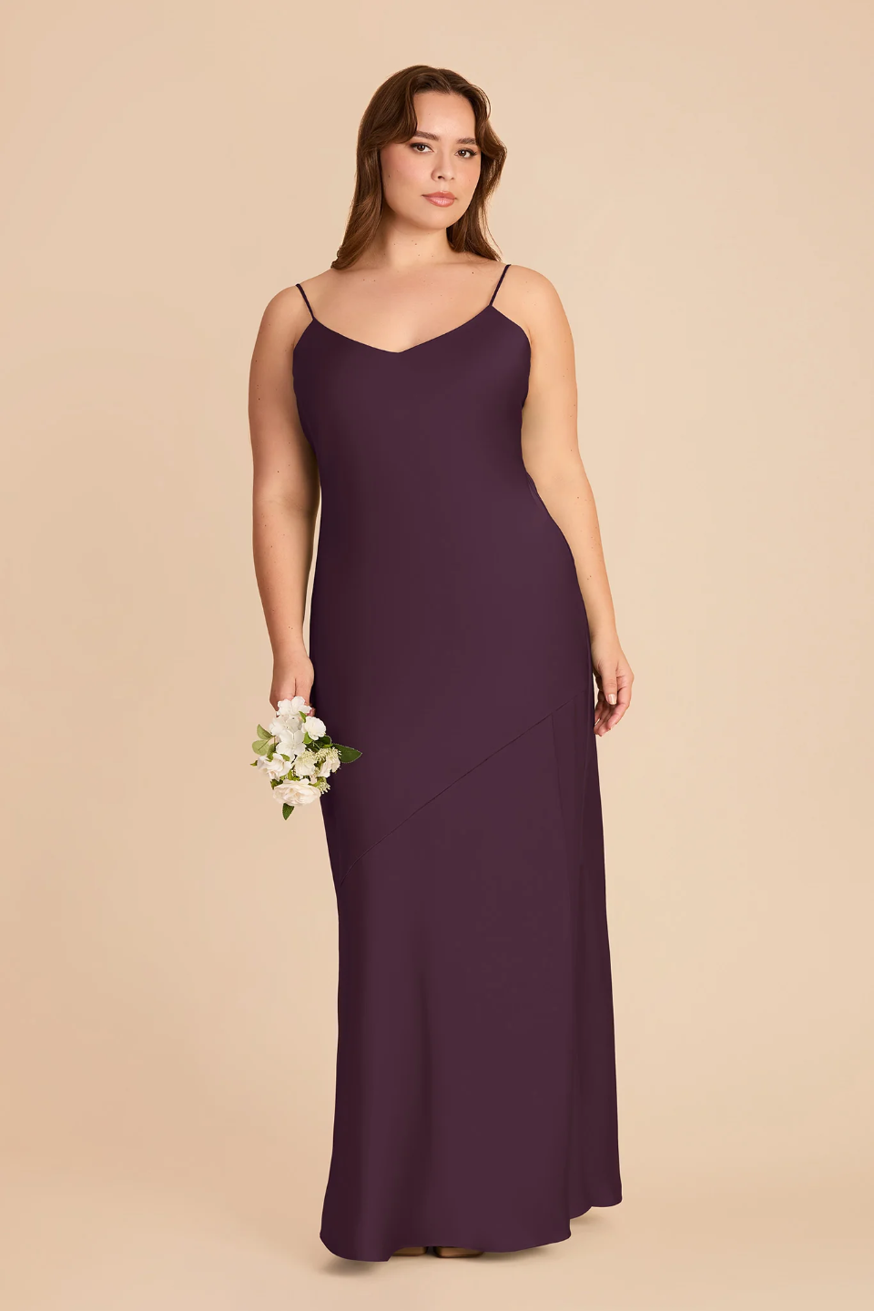Minimalist Spaghetti Strap Bridesmaid Dress with Deep V-Back and High Slit in Plum Chiffon