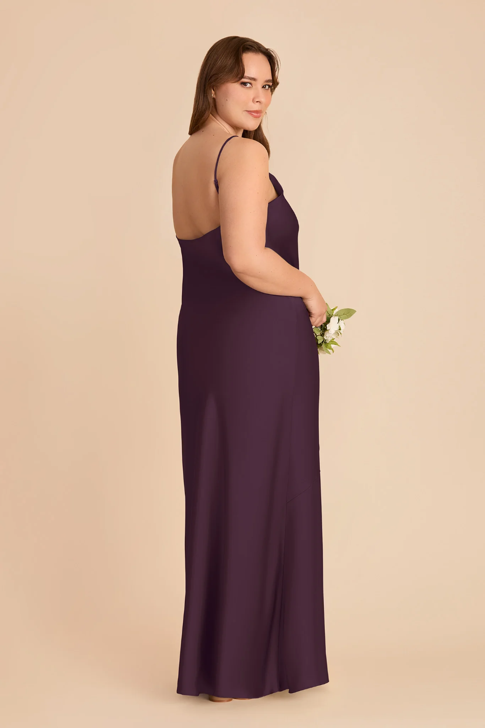 Minimalist Spaghetti Strap Bridesmaid Dress with Deep V-Back and High Slit in Plum Chiffon