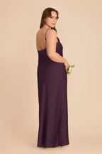 Minimalist Spaghetti Strap Bridesmaid Dress with Deep V-Back and High Slit in Plum Chiffon