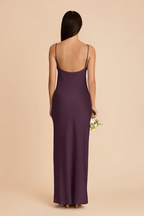 Minimalist Spaghetti Strap Bridesmaid Dress with Deep V-Back and High Slit in Plum Chiffon