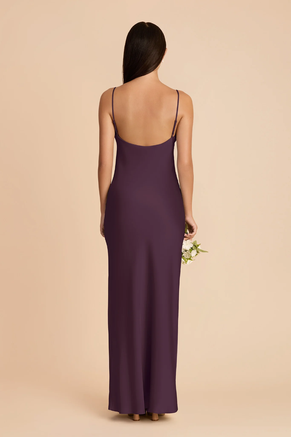 Minimalist Spaghetti Strap Bridesmaid Dress with Deep V-Back and High Slit in Plum Chiffon