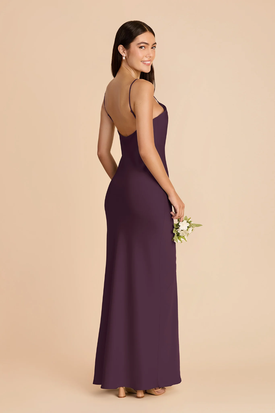 Minimalist Spaghetti Strap Bridesmaid Dress with Deep V-Back and High Slit in Plum Chiffon