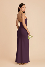 Minimalist Spaghetti Strap Bridesmaid Dress with Deep V-Back and High Slit in Plum Chiffon