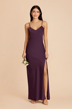 Minimalist Spaghetti Strap Bridesmaid Dress with Deep V-Back and High Slit in Plum Chiffon