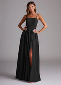 Minimalist chiffon spaghetti strap square neck floor length bridesmaid dress with open back, high slit and gathered waist
