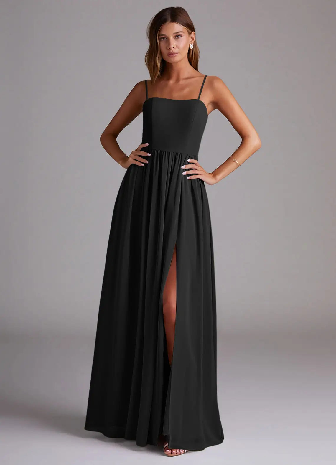 Minimalist chiffon spaghetti strap square neck floor length bridesmaid dress with open back, high slit and gathered waist
