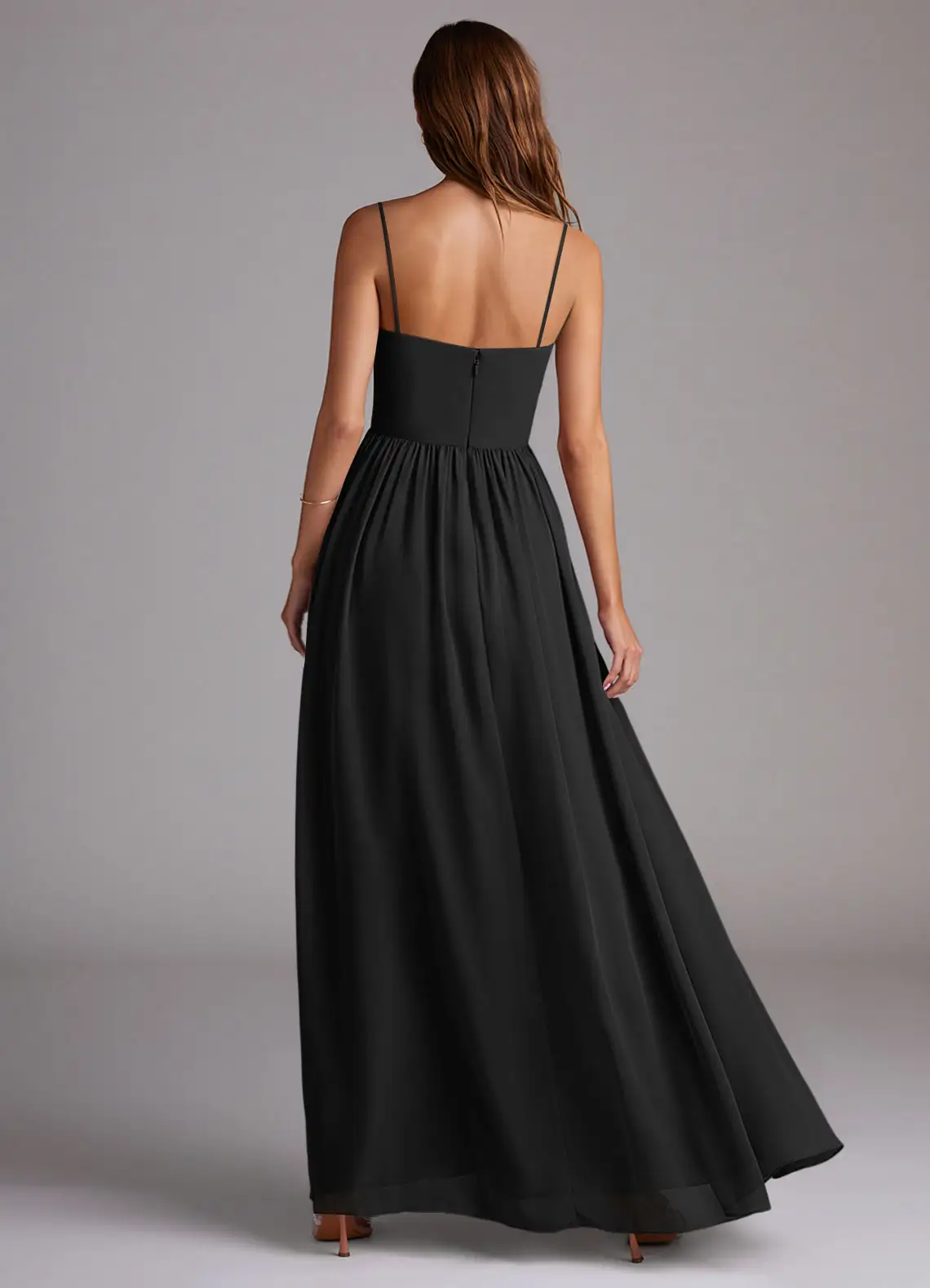 Timeless chiffon strapless sweetheart neck floor length bridesmaid dress with pleated skirt and open back