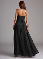 Minimalist chiffon spaghetti strap square neck floor length bridesmaid dress with open back, high slit and gathered waist