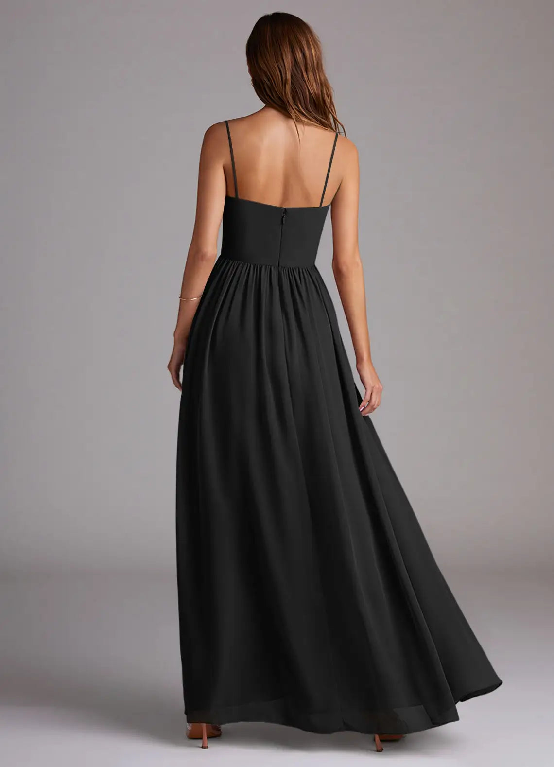 Minimalist chiffon spaghetti strap square neck floor length bridesmaid dress with open back, high slit and gathered waist