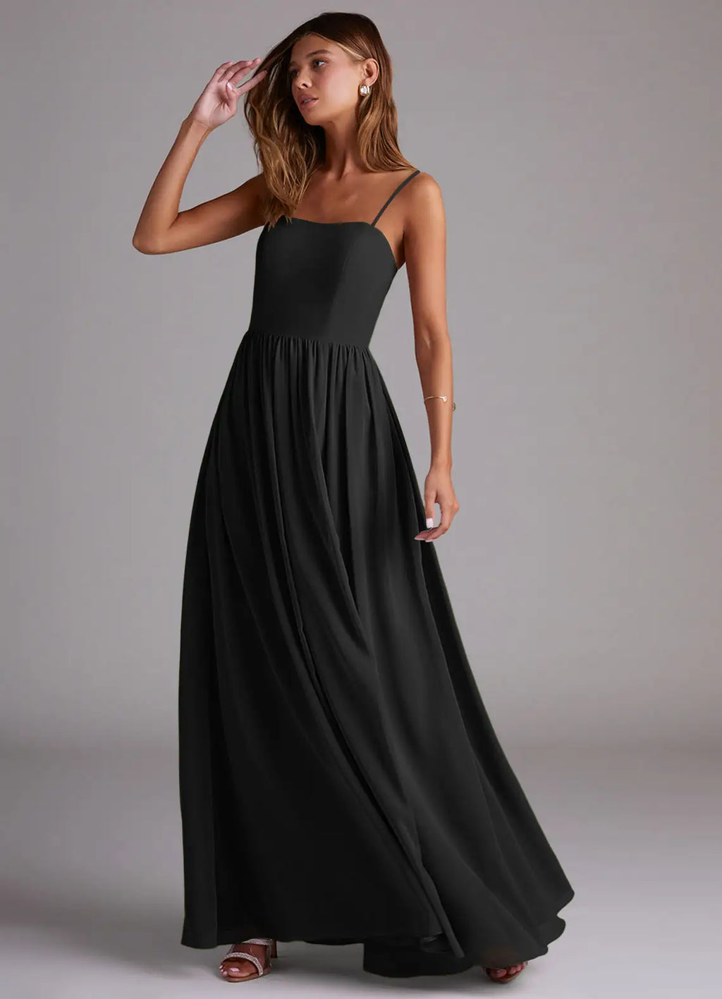Minimalist chiffon spaghetti strap square neck floor length bridesmaid dress with open back, high slit and gathered waist