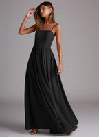 Minimalist chiffon spaghetti strap square neck floor length bridesmaid dress with open back, high slit and gathered waist