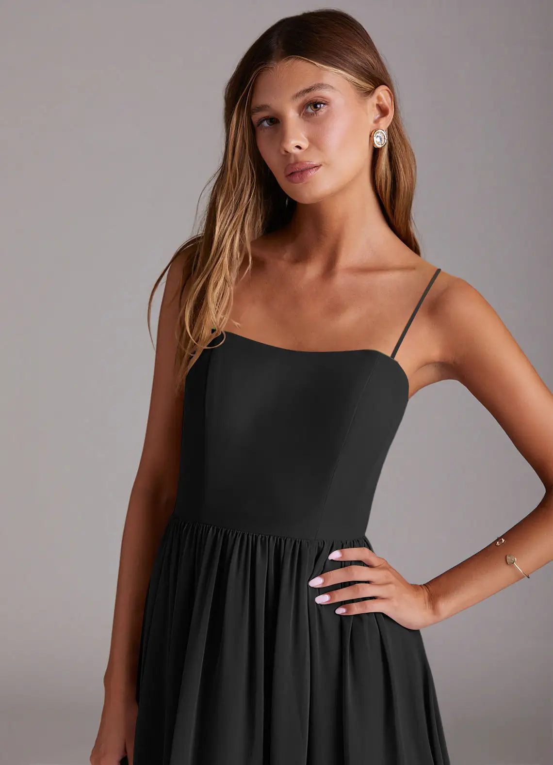 Minimalist chiffon spaghetti strap square neck floor length bridesmaid dress with open back, high slit and gathered waist