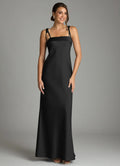 Minimalist satin square neck floor length bridesmaid dress with tie spaghetti straps and sheath silhouette