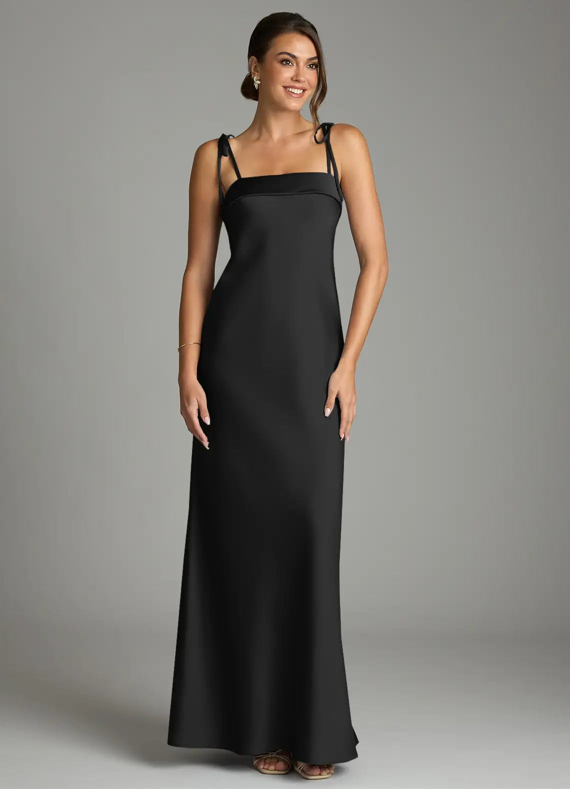 Minimalist satin square neck floor length bridesmaid dress with tie spaghetti straps and sheath silhouette