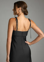 Minimalist satin square neck floor length bridesmaid dress with tie spaghetti straps and sheath silhouette