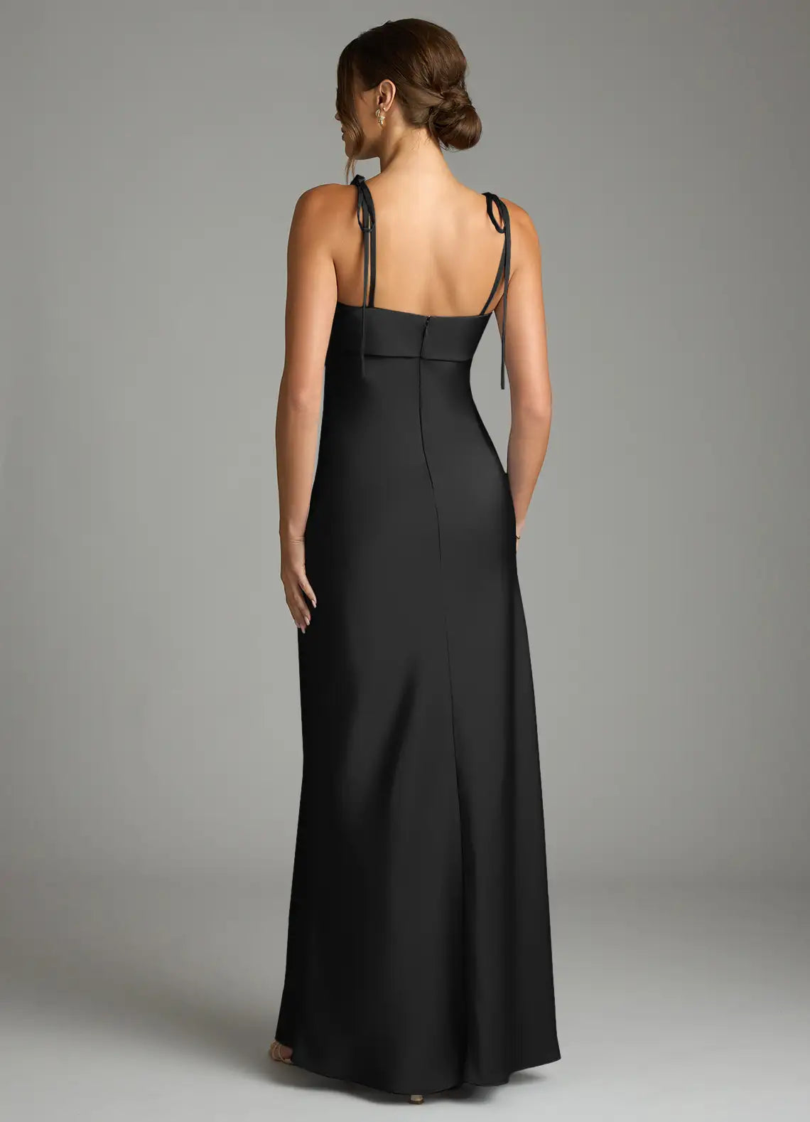 Minimalist satin square neck floor length bridesmaid dress with tie spaghetti straps and sheath silhouette