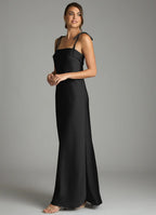 Minimalist satin square neck floor length bridesmaid dress with tie spaghetti straps and sheath silhouette