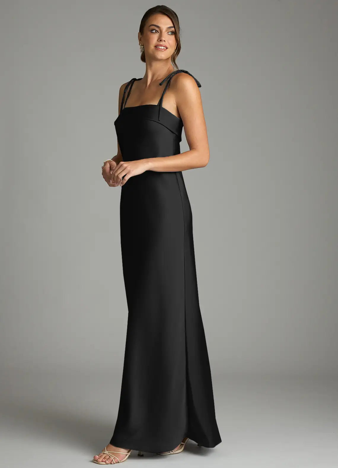 Minimalist satin square neck floor length bridesmaid dress with tie spaghetti straps and sheath silhouette