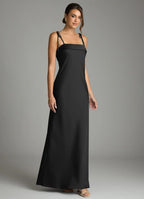 Minimalist satin square neck floor length bridesmaid dress with tie spaghetti straps and sheath silhouette