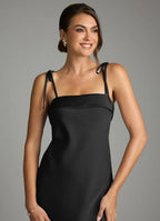 Minimalist satin square neck floor length bridesmaid dress with tie spaghetti straps and sheath silhouette