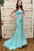 Green Mint Spaghetti Strap Up Back Applique Mermaid Prom Dress