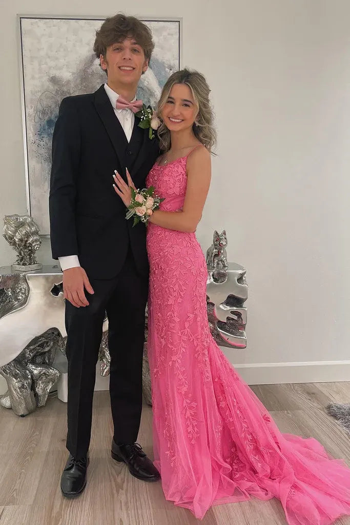 Green Mint Spaghetti Strap Up Back Applique Mermaid Prom Dress