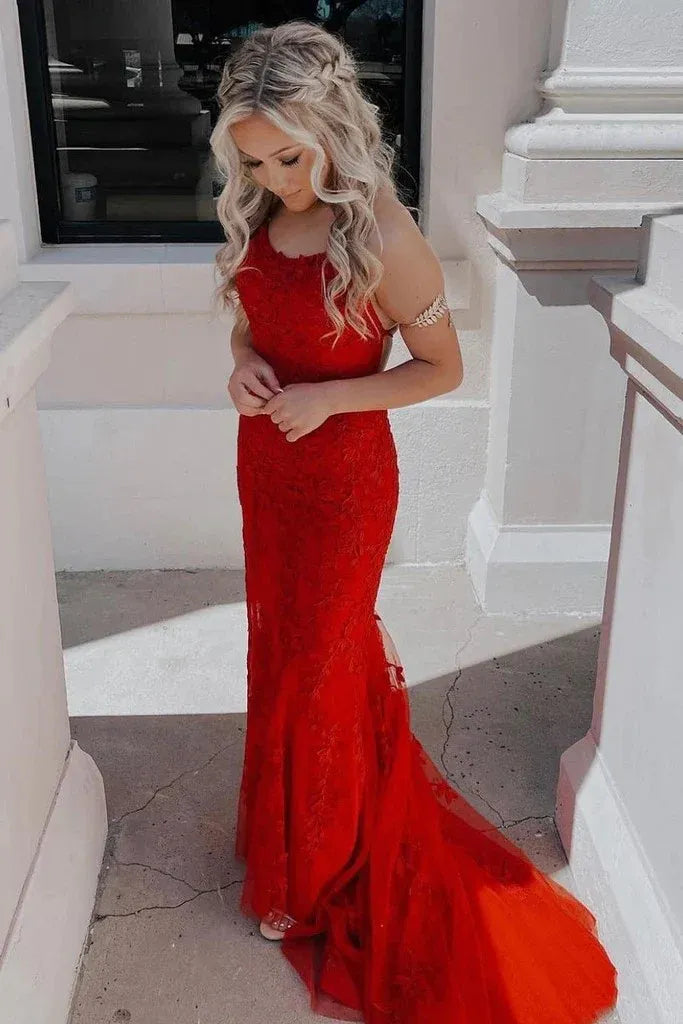 Green Mint Spaghetti Strap Up Back Applique Mermaid Prom Dress