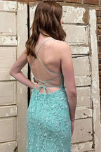 Green Mint Spaghetti Strap Up Back Applique Mermaid Prom Dress