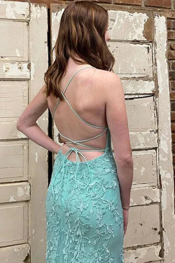 Green Mint Spaghetti Strap Up Back Applique Mermaid Prom Dress