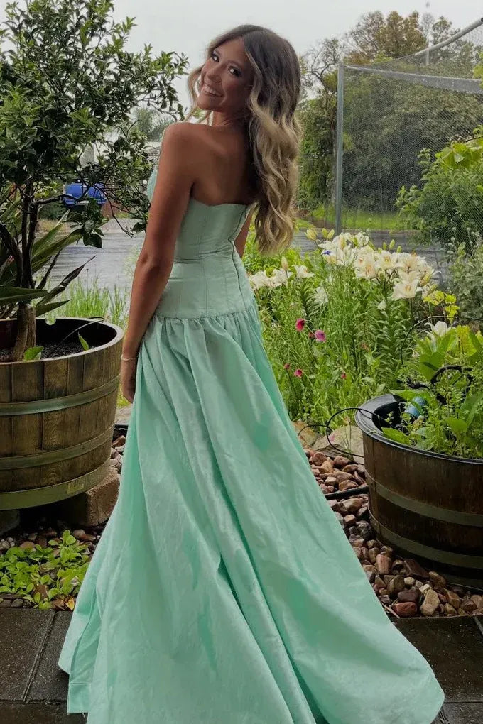 Green Mint Strapless Corset A-Line Flowy Maxi Formal Dress