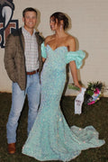 Turquoise Sequin Off-the-Shoulder Puff-Sleeve Mermaid Floor-Length Prom Dress
