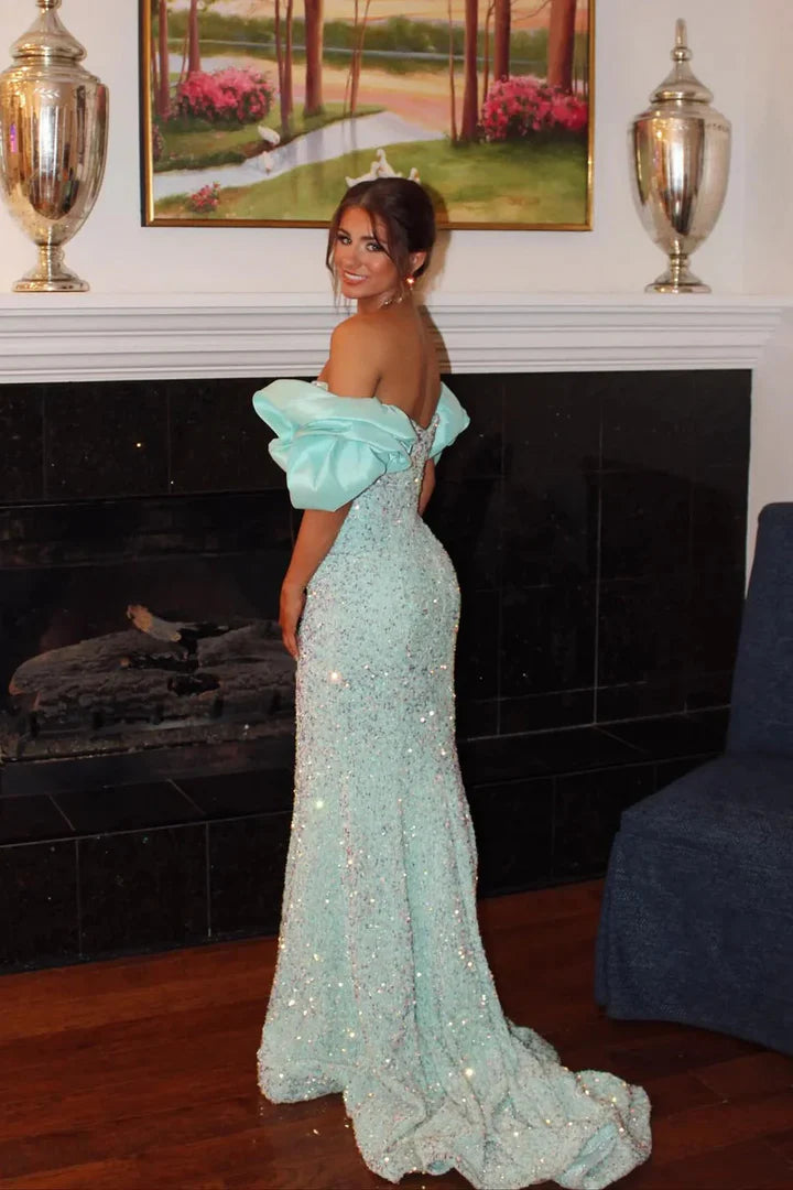 Turquoise Sequin Off-the-Shoulder Puff-Sleeve Mermaid Floor-Length Prom Dress