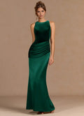Mixed Fabric Mermaid Halter Neck Ruched Keyhole Back Floor Length For Ladies Prom Dress