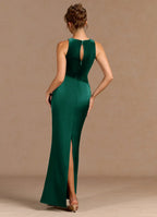 Mixed Fabric Mermaid Halter Neck Ruched Keyhole Back Floor Length For Ladies Prom Dress