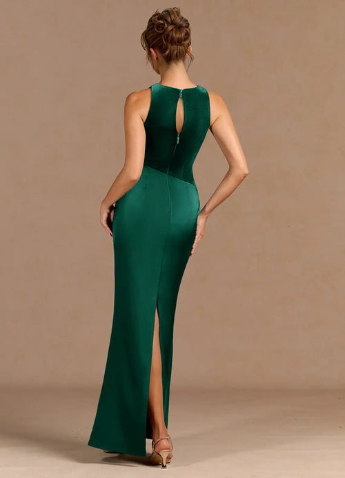 Robe de bal sirène longue pour femme avec bustier dos nu, drapé et découpe goutte d'eau, en tissu mélangé.