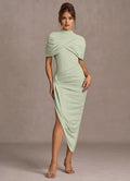 Mock Neck Ruched Sleeve Sheath Keyhole Back Asymmetrical Hem Midi Length Female Prom Dress