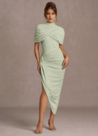 Mock Neck Ruched Sleeve Sheath Keyhole Back Asymmetrical Hem Midi Length Female Prom Dress