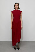 Modern Asymmetrical Mock Neck Cap Sleeve Zipper Back Midi Length For Adults Prom Dress