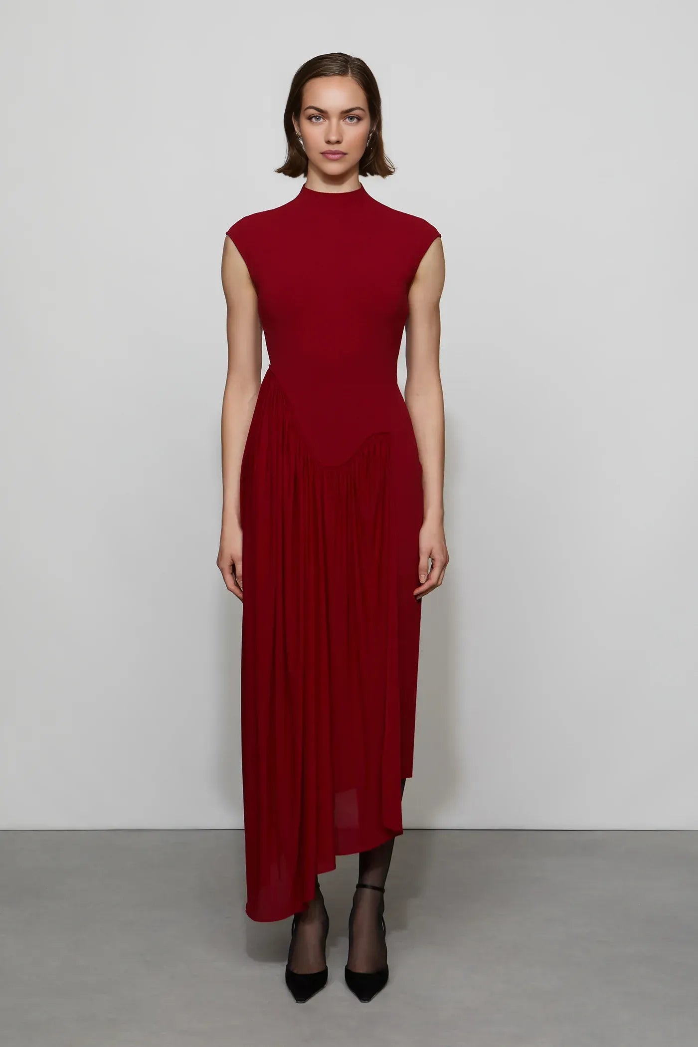 Modern Asymmetrical Mock Neck Cap Sleeve Zipper Back Midi Length For Adults Prom Dress