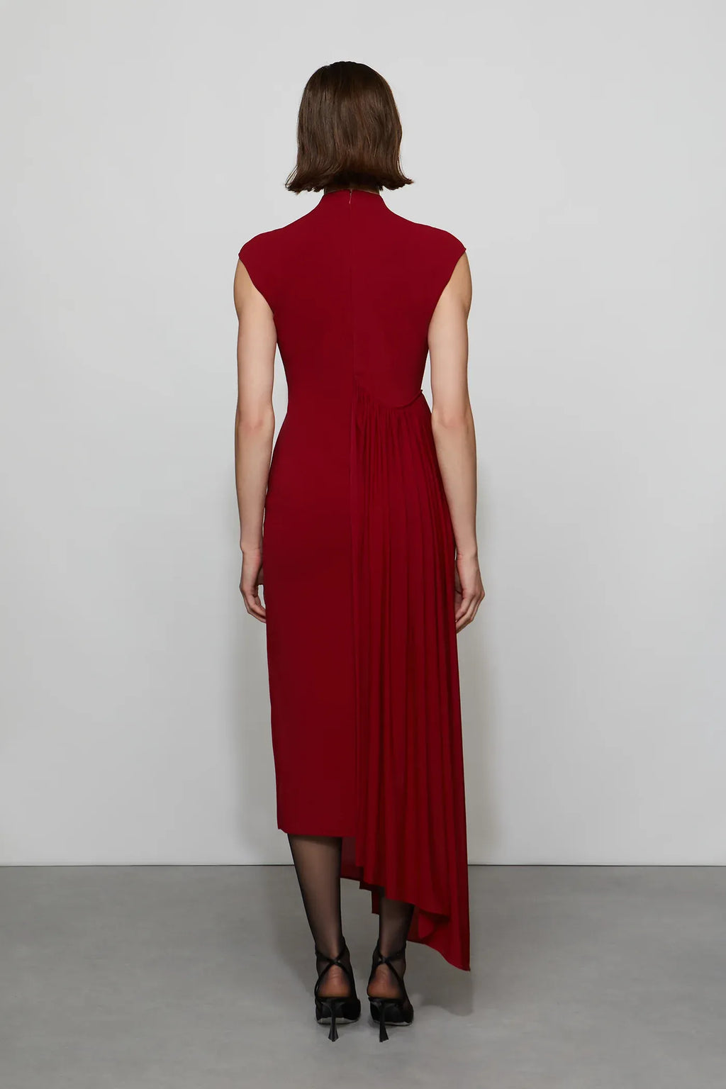 Modern Asymmetrical Mock Neck Cap Sleeve Zipper Back Midi Length For Adults Prom Dress