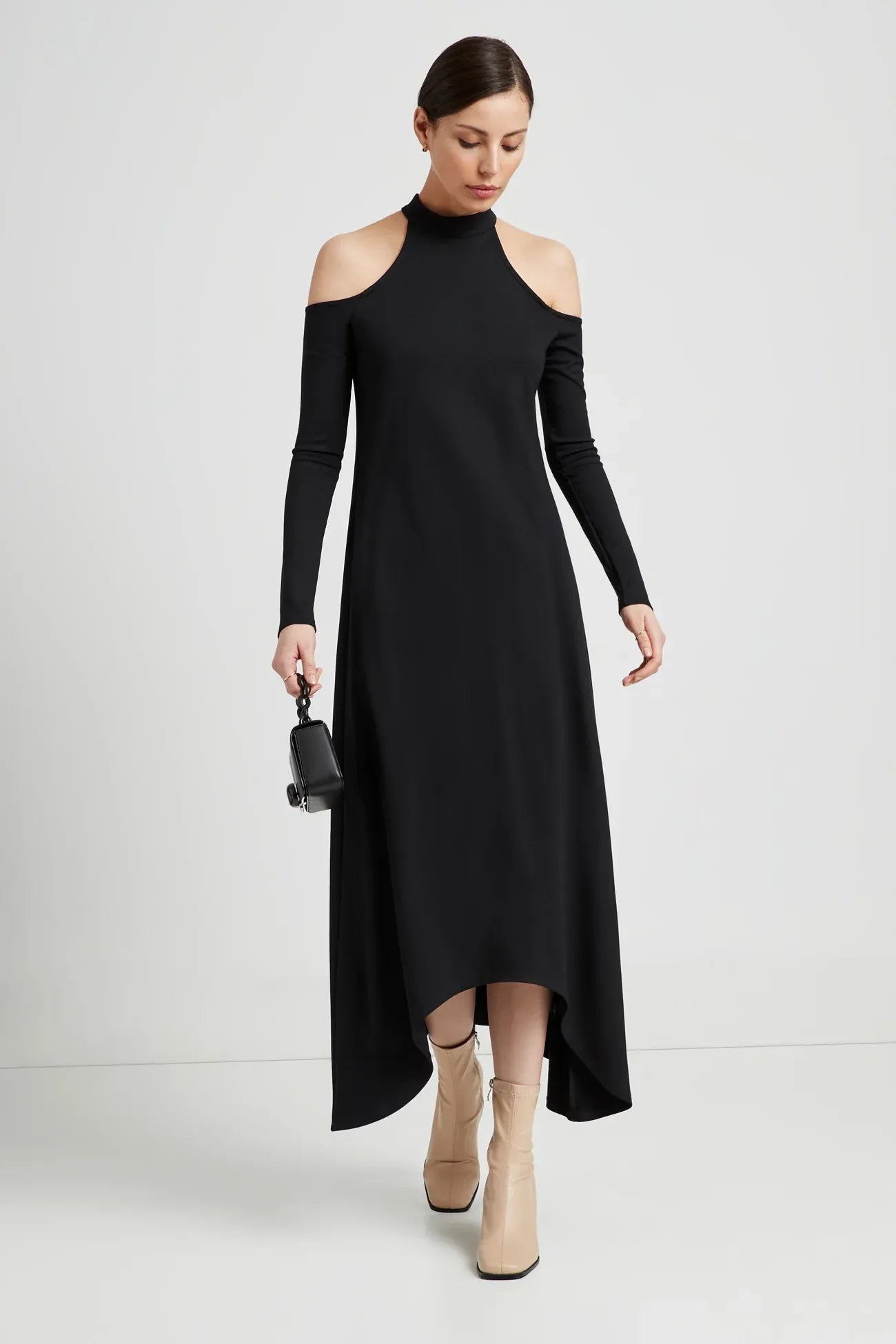 Modern Sheath Halter Cutout Neck Long Sleeve Open Back High Low Length For Adults Prom Dress