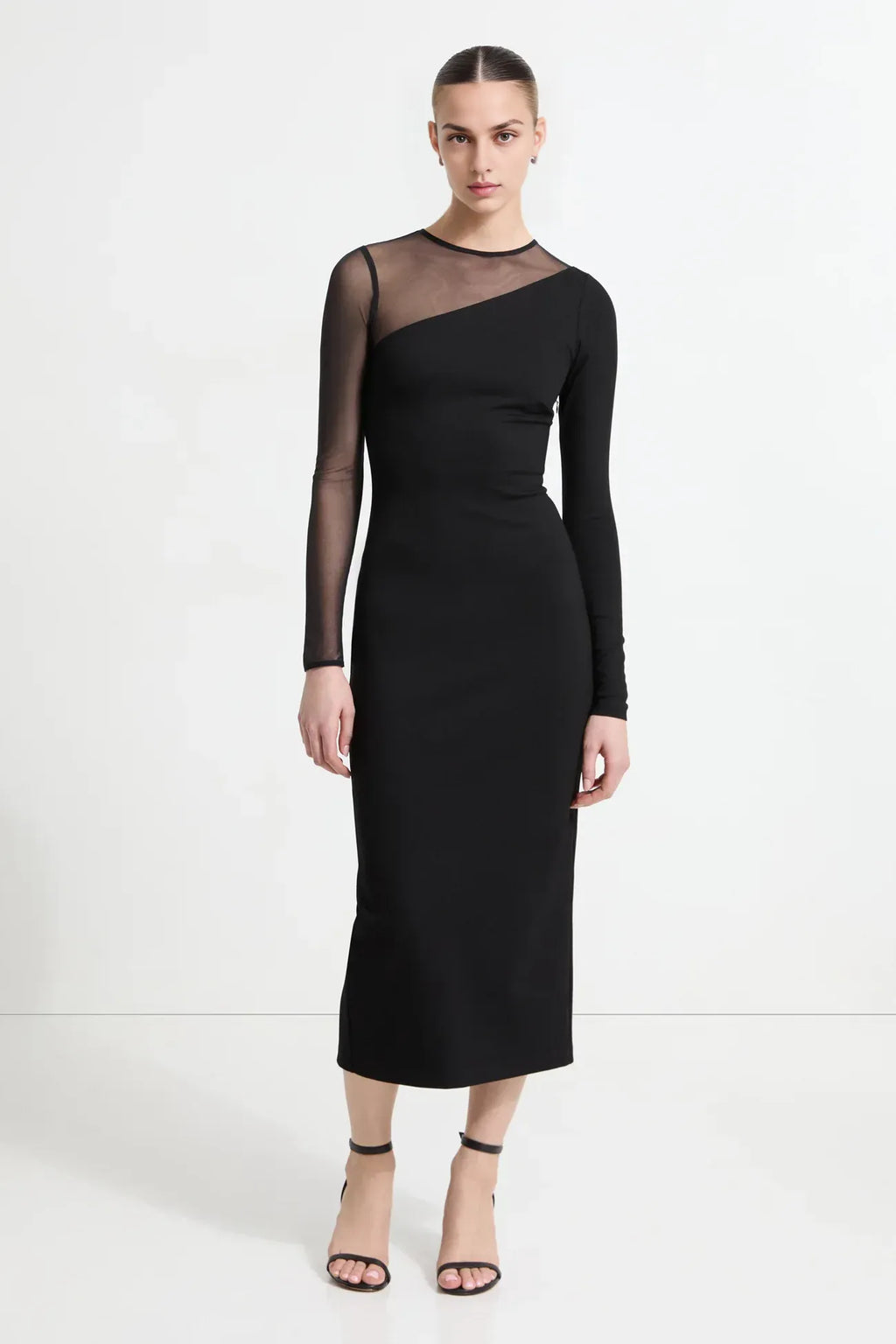 Modern Sheath Mock Neck Sheer Long Sleeve Cut Out Back Midi Length Hot Sale Prom Dress