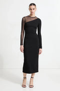 Modern Sheath Mock Neck Sheer Long Sleeve Cut Out Back Midi Length Hot Sale Prom Dress