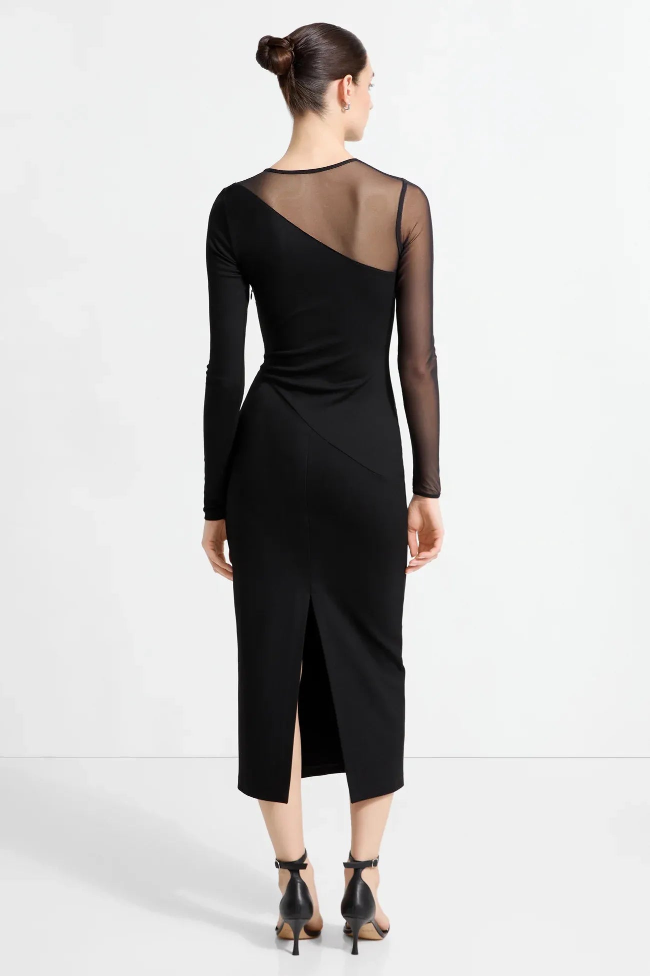 Modern Sheath Mock Neck Sheer Long Sleeve Cut Out Back Midi Length Hot Sale Prom Dress