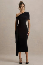 Modern Sheath One Shoulder Draped Sleeve Zipper Back Midi Length Evening Dress