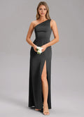 Modern Sheath Satin One Shoulder Sleeveless Open Back Floor Length Bridesmaid Dress