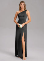 Modern Sheath Satin One Shoulder Sleeveless Open Back Floor Length Bridesmaid Dress