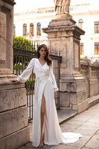 Modern Sheath Wrap V Neck Bishop Long Sleeve Open Back Long Length Wedding Dress