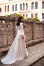 Modern Sheath Wrap V Neck Bishop Long Sleeve Open Back Long Length Wedding Dress